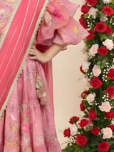 Girls' Peach and Rani Pink Tiered Lehenga Choli with Ruffle Sleeve