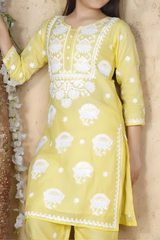 Girls' Yellow Cotton Chikankari Kurta and Trouser Set