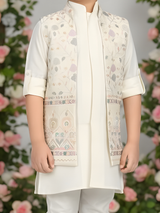 Boys' Classic Cream Solid Kurta and Pajama Set