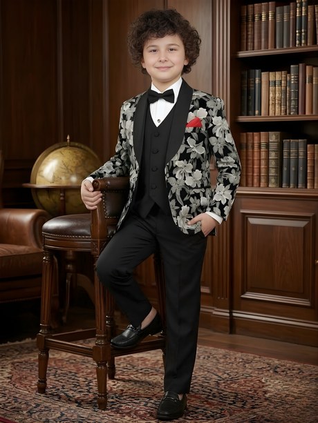 Boys' Black and Cream Floral Print Tuxedo Jacket with Waistcoat and Trousers Set