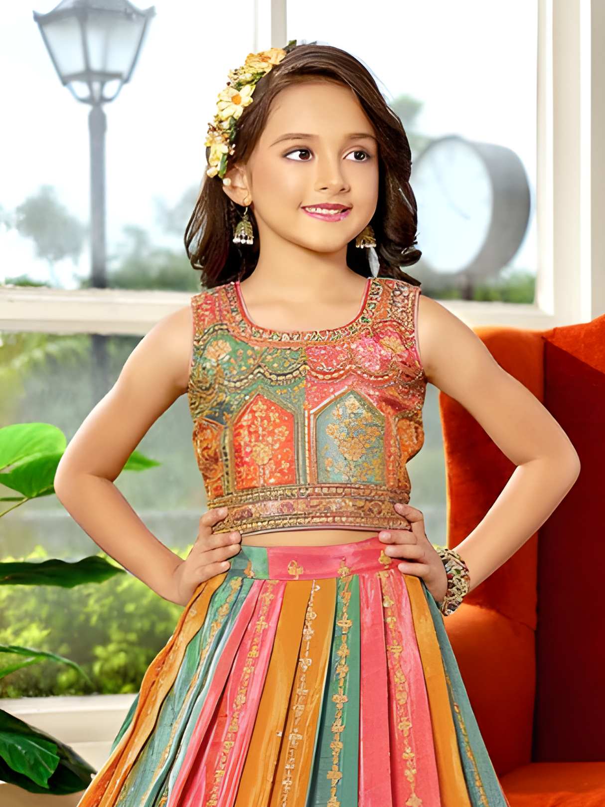 Girls' Teal & Pink Large Floral Printed Lehenga Choli