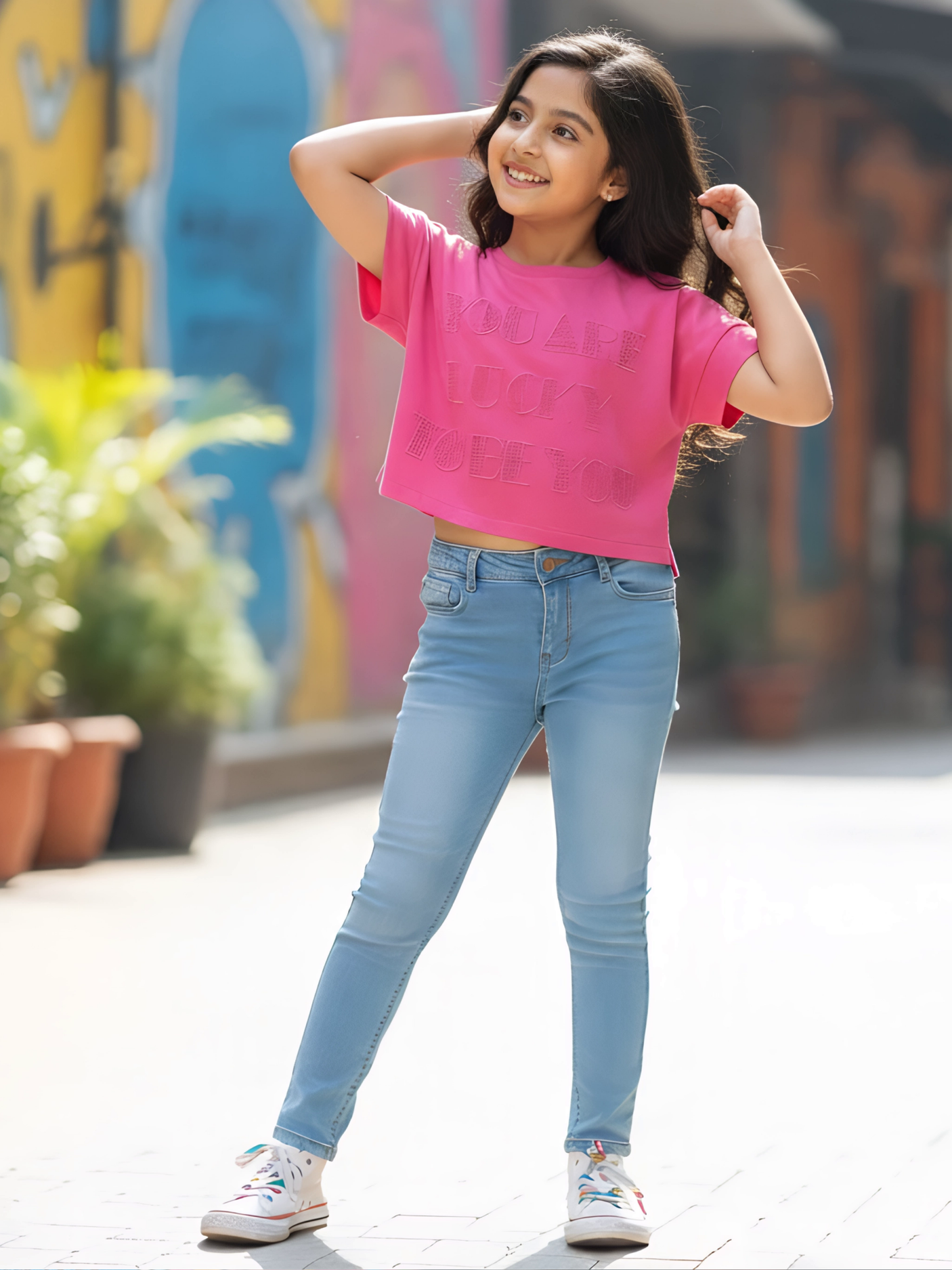 Girl's Vibrant Pink Embossed Graphic Top