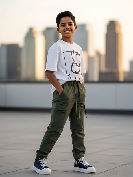 Boys' Olive Green Casual Utility Pants with Elastic Waist