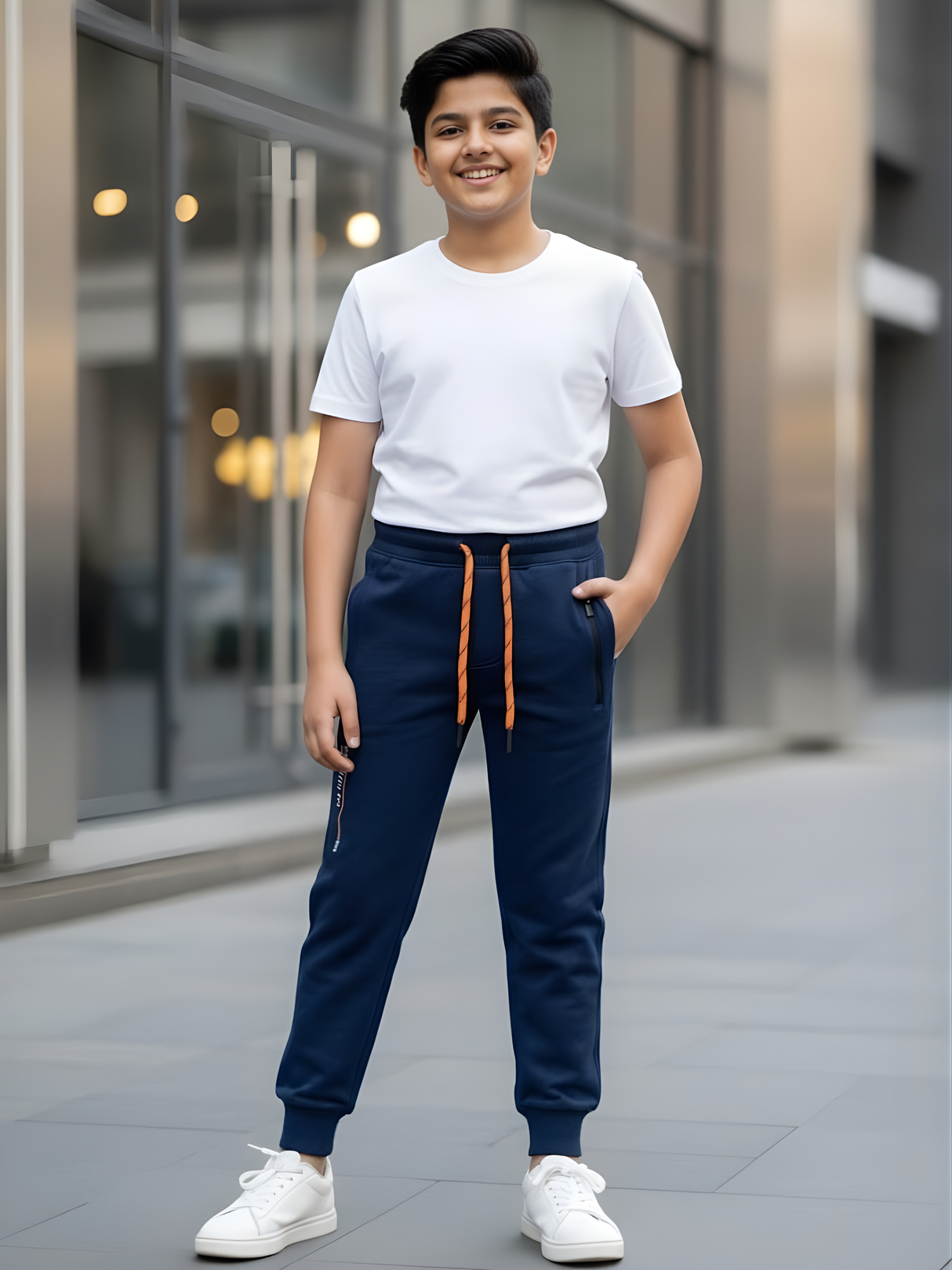 Boys' Navy Blue Cotton Blend Joggers with Contrast Drawstring