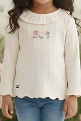 Girls' Cream Ruffled Ribbed Long-Sleeve Embroidered Top