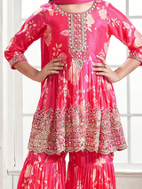 Girls' Festive Rani Pink Floral Print Gharara Suit with Heavy Yoke Embroidery