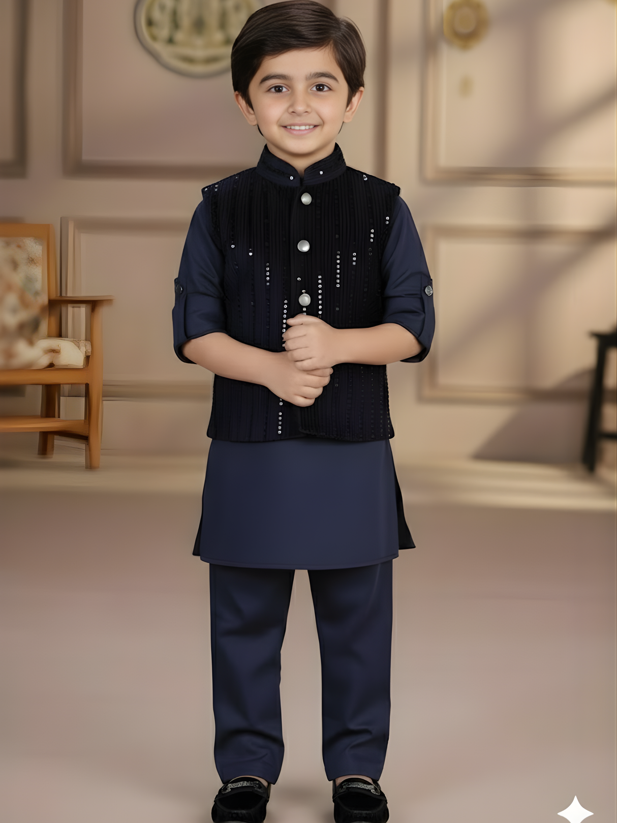 Boys Navy Blue Kurta Set with Sequined Velvet Waistcoat