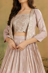 Girls' Floral Embroidered Jacket and Cream Lehenga Choli Set