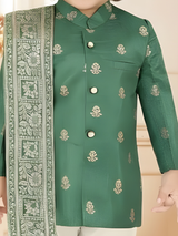Boys' Emerald Green Brocade Kurta Pajama Set with Contrast Dupatta