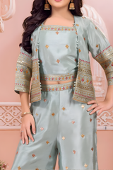 Girls' Pastel Green Three-Piece Sharara Set with Embroidered Shrug