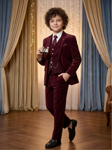 Boys' Plum/Maroon Velvet Achkan Suit with Gold Embroidered Motif