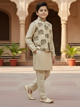 Boys Cream Kurta Set with Elephant Print Nehru Jacket