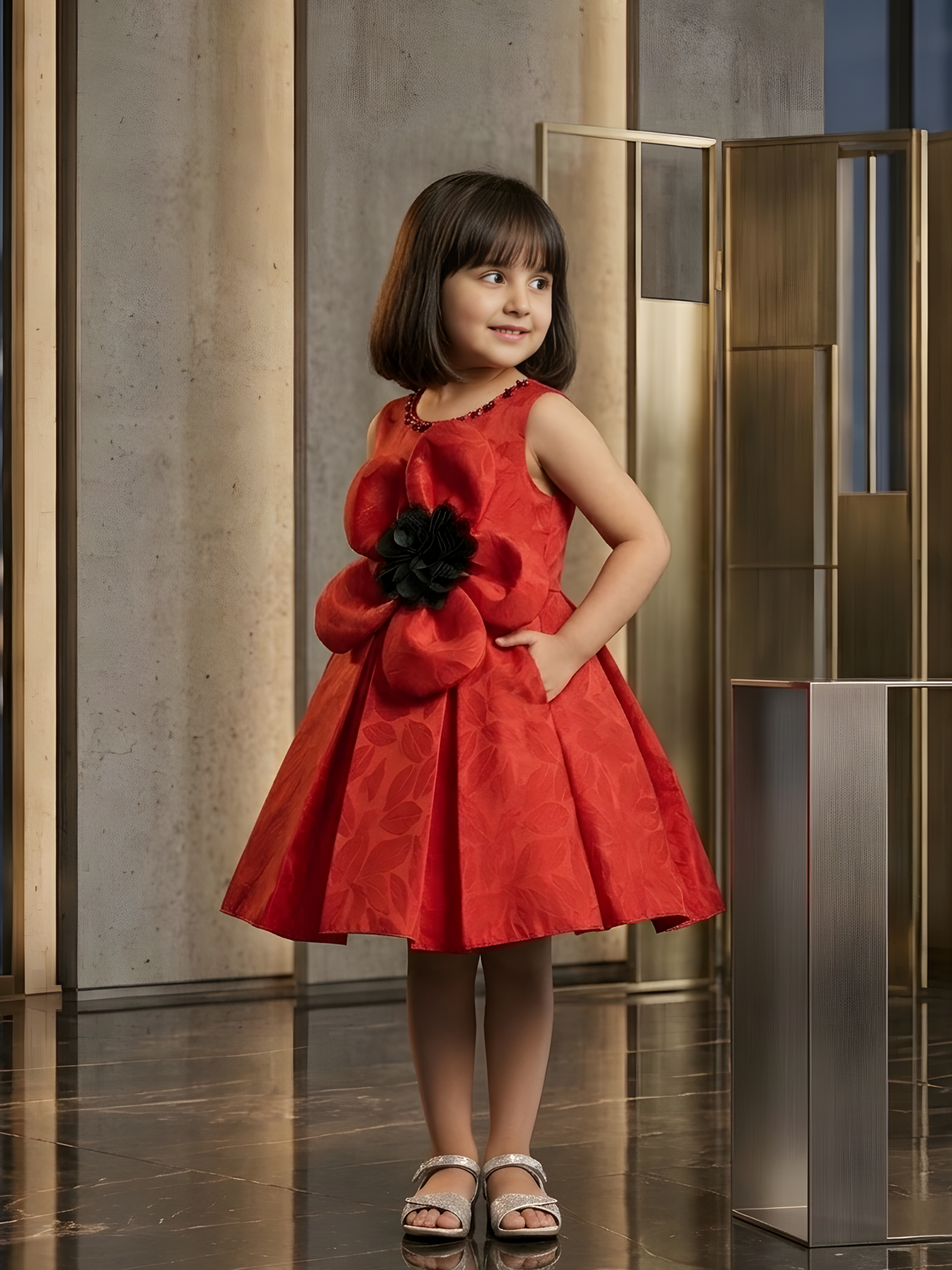 Girls' Ruby Red Sleeveless Party Frock with Black & Red 3D Flower