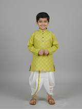 Boys' Lime Green Geometric Printed Kurta with White Dhoti Set