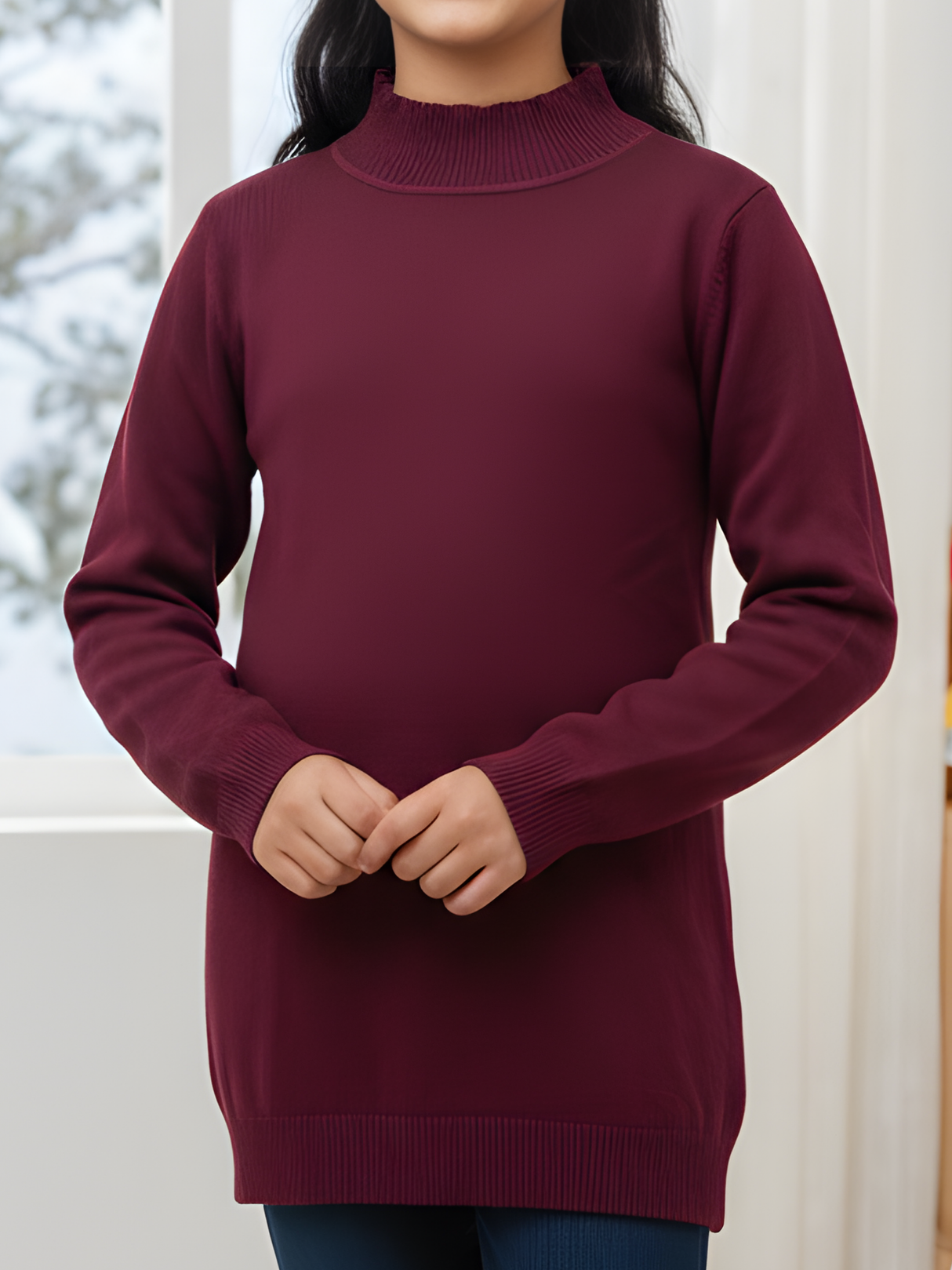 Girls' Maroon Mock Neck Knit Sweatshirt - Premium Soft Winter Wear