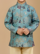 Boys' Teal Batik/Kalamkari Style Scenic Print Kurta Pajama Set