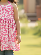 Girls' Casual Halter-Neck Pink and White Floral Print Frock