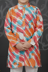 Boys' Orange Geometric Printed Kurta with White Dhoti Set