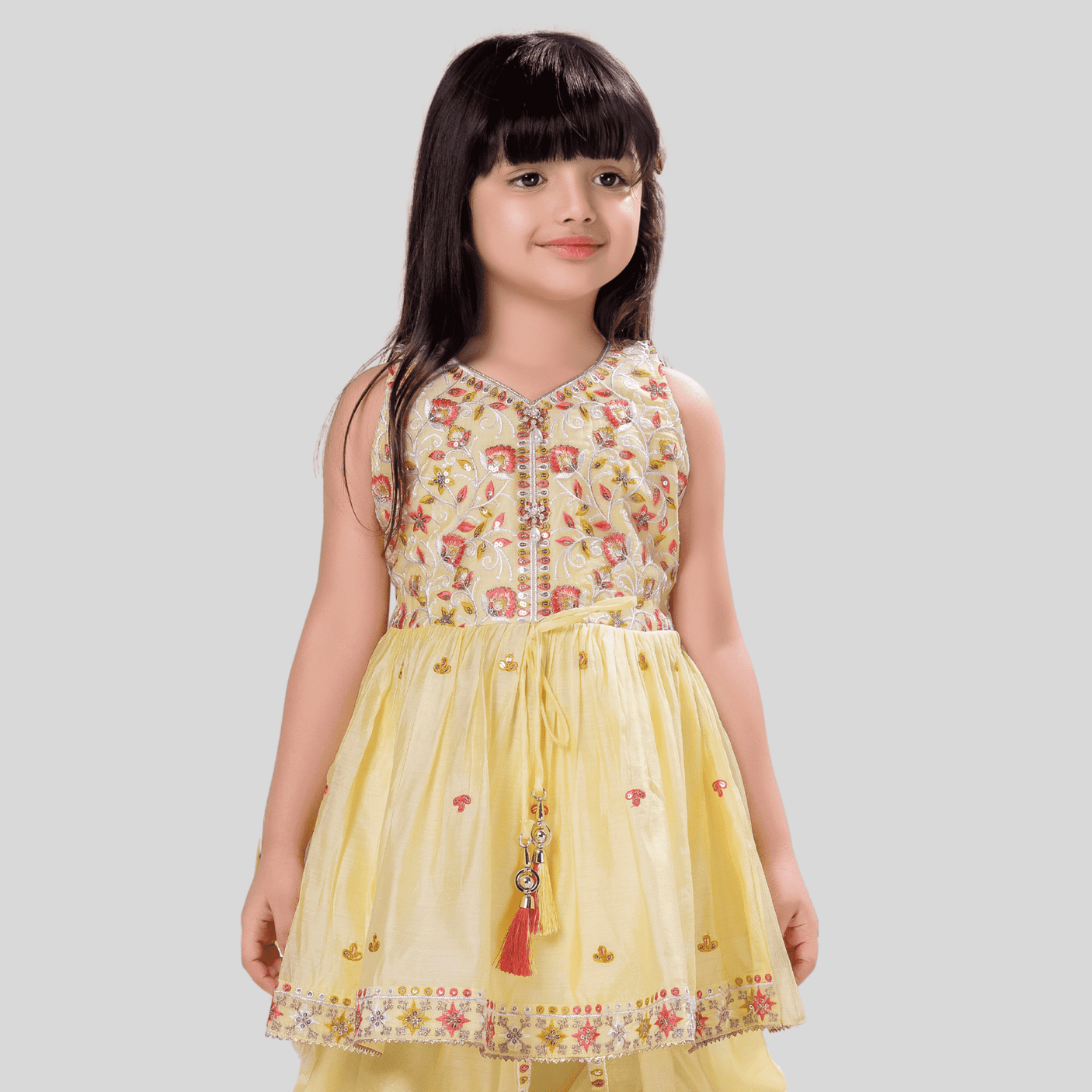 Girls' Pastel Yellow Peplum Kurti and Dhoti Set with Floral Yoke