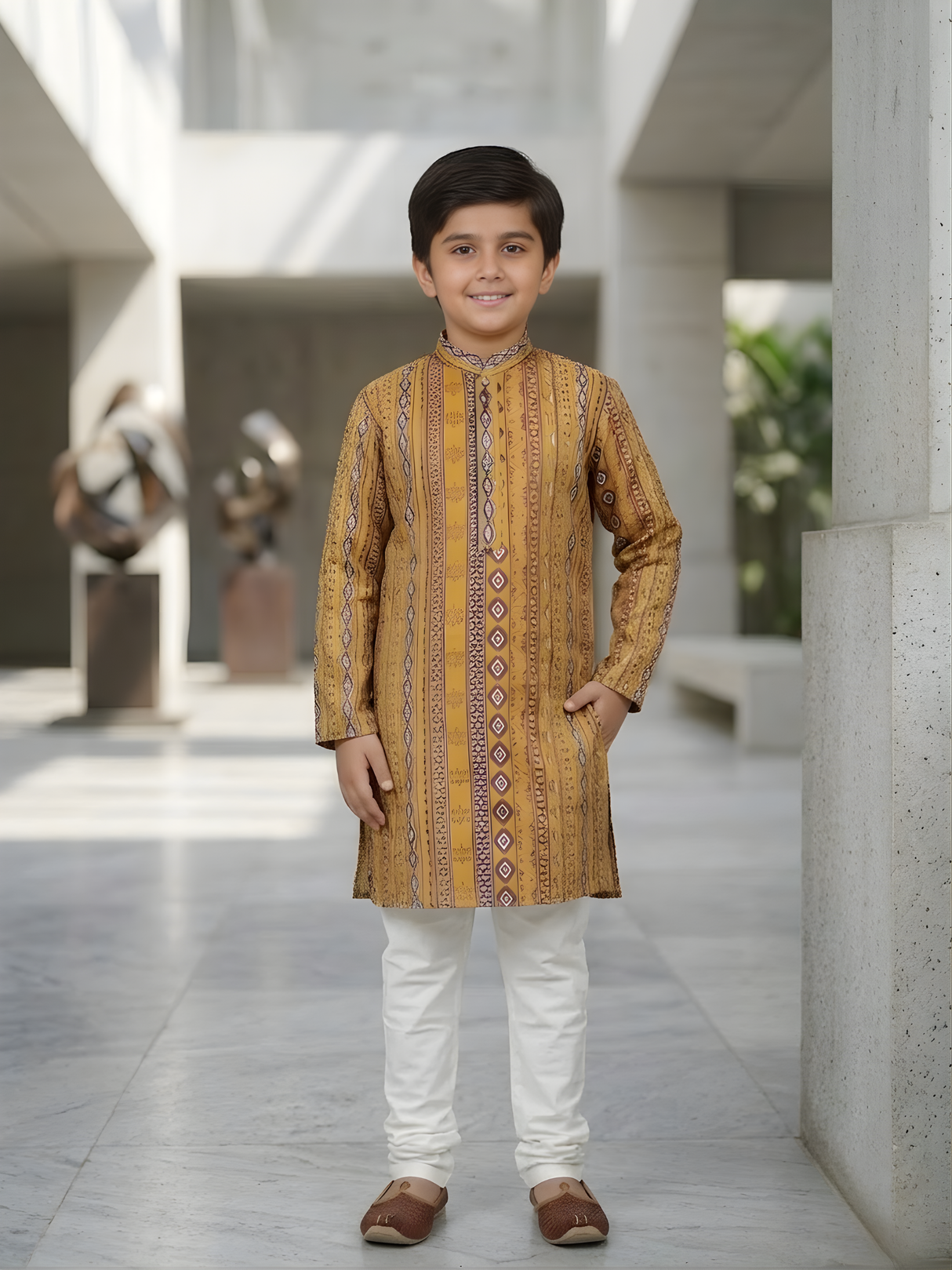 Boys' Festive Yellow & Blue Ikat Print Kurta with Cream Pyjama Set.