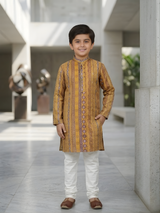 Boys' Festive Yellow & Blue Ikat Print Kurta with Cream Pyjama Set.