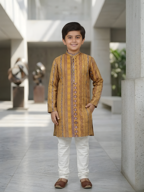 Boys' Festive Yellow & Blue Ikat Print Kurta with Cream Pyjama Set.
