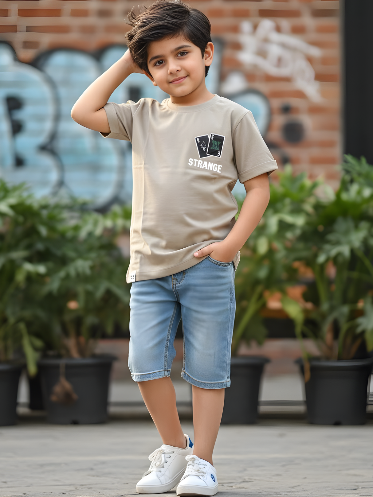 Boys' Cream Graphic Cotton T-Shirt - "STRANGE" Print