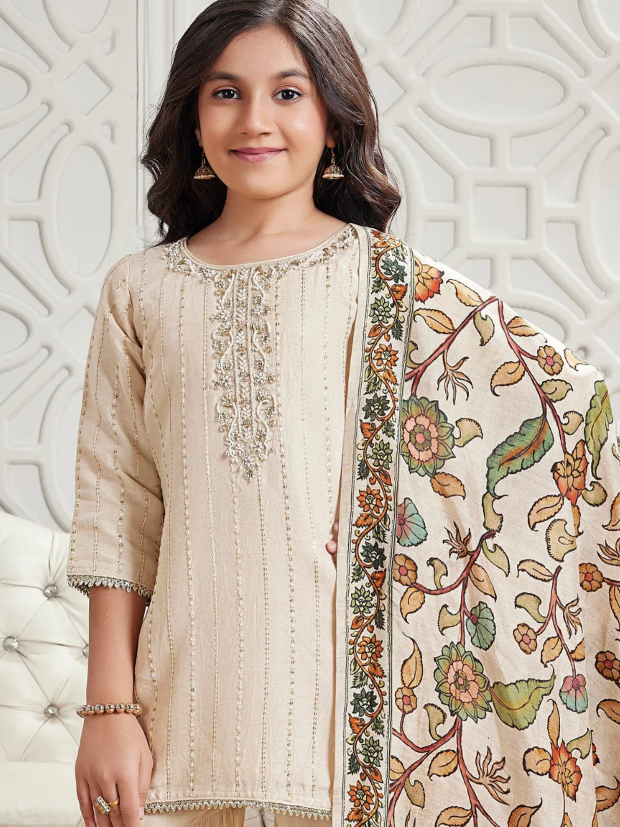 Girls' Premium Cream Gharara Suit with Heavy Sequin Embroidery & Floral Dupatta
