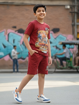 Boys Maroon Hip-Hop Graphic Printed Cotton Coordinate Set