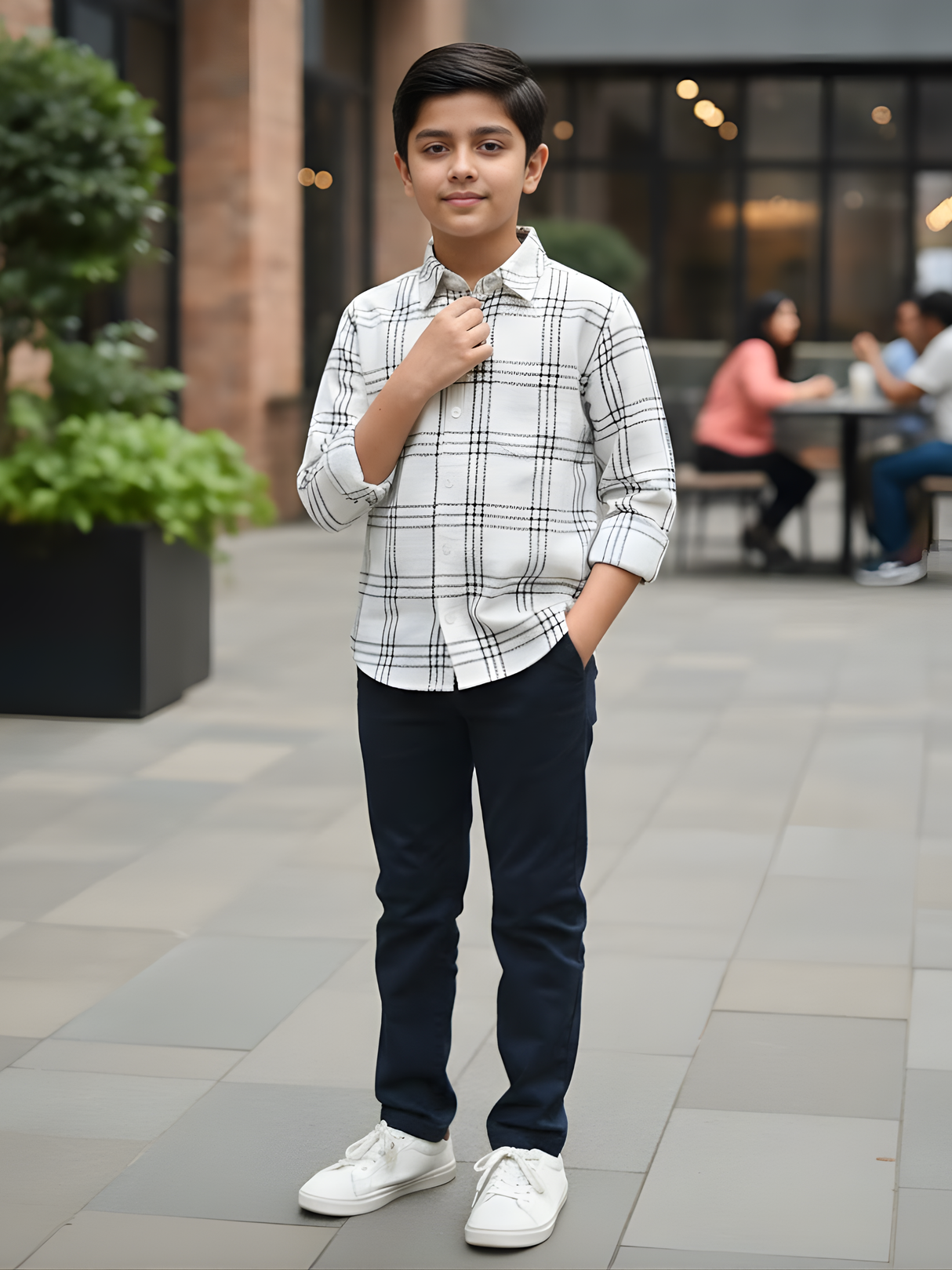 Boys White Windowpane Check Casual Shirt
