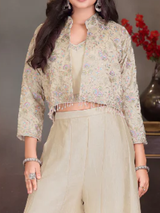 Girls' Cream Palazzo Set with Embroidered Crop Top and Cropped Jacket