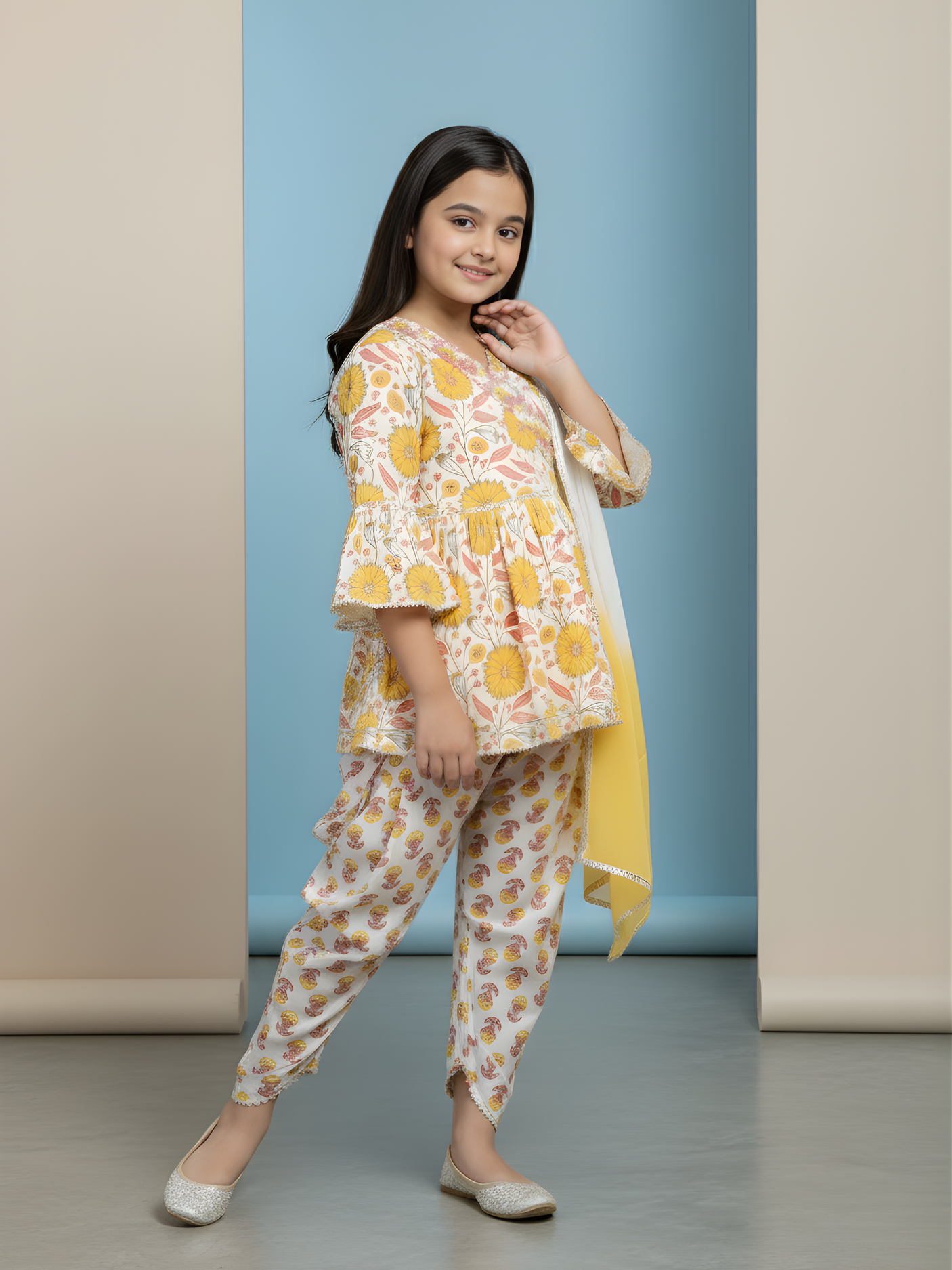 Girls Cream & Yellow Floral Angrakha Kurta with Plazo and Dupatta Set