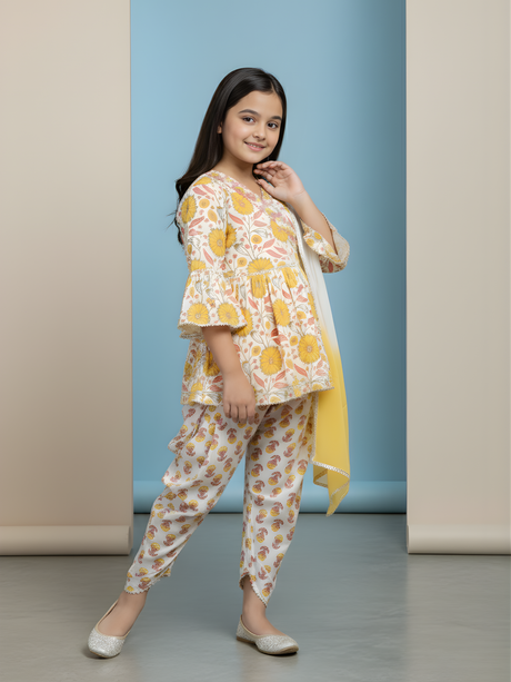 Girls Cream & Yellow Floral Angrakha Kurta with Plazo and Dupatta Set