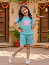 Girls' Floral Appliqué Cotton Co-ord Set in Blue