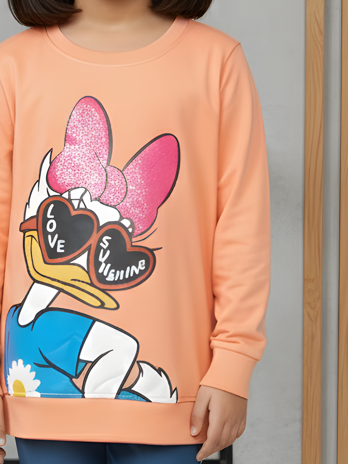 Girls' Peach Long-Sleeve Graphic Tee with Sequin Bow and Heart Sunglasses