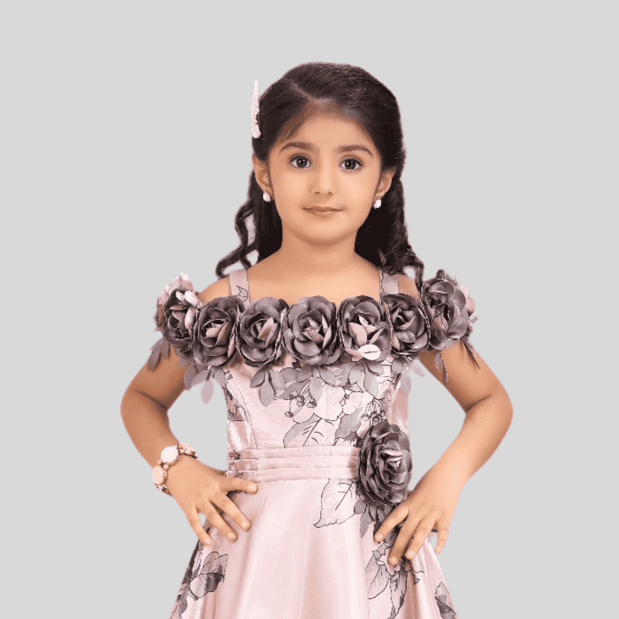 Girls Party Satin Western Gown With Work- Peach