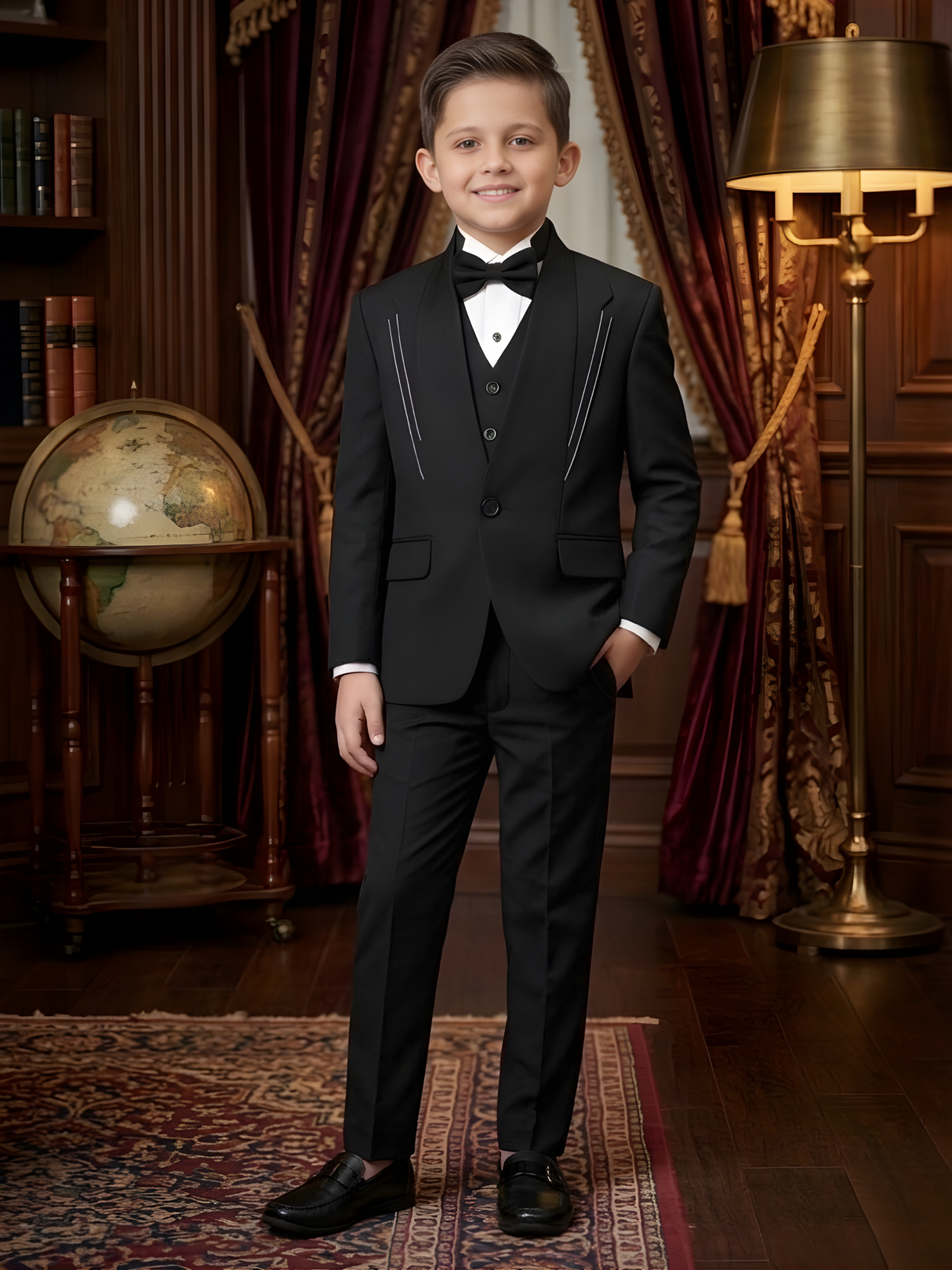 Boys' Black Textured 3-Piece Tuxedo Suit Set with Bow Tie