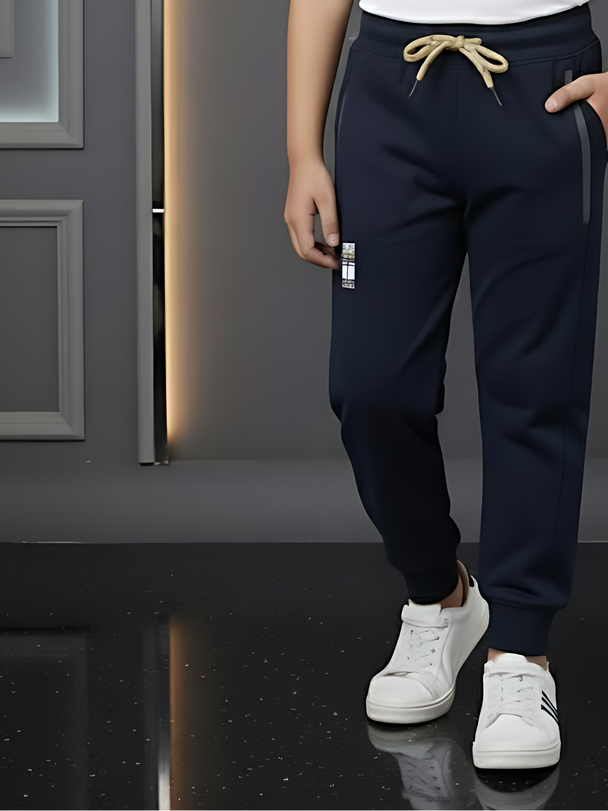 Boys' Navy Blue Active Track Pants with Sporty Contrast Drawstring