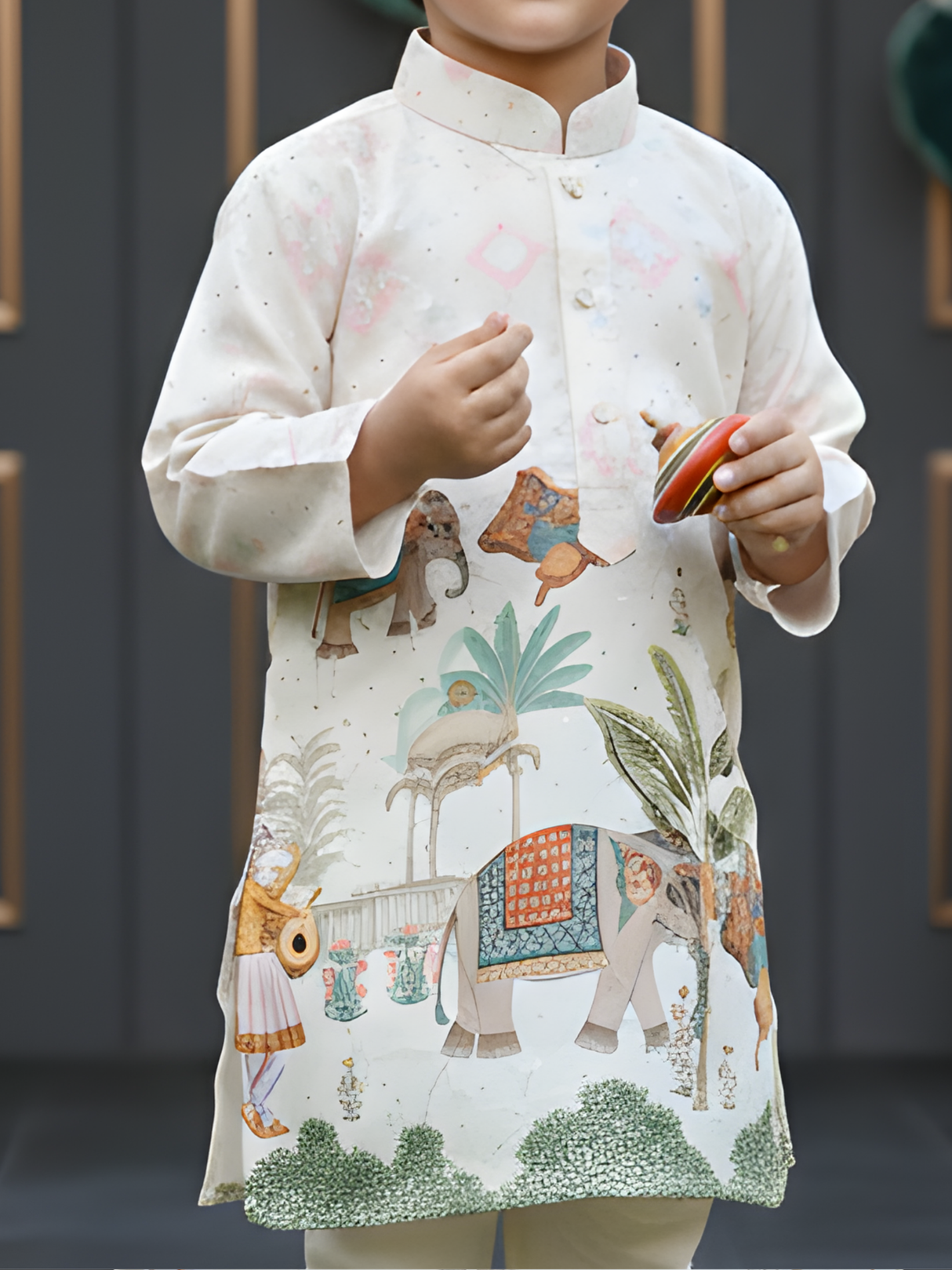 Boys Cream Mughal Heritage Elephant Print Kurta Set