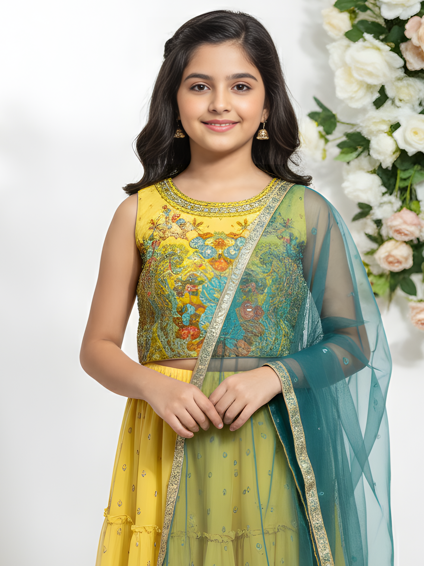 Girls' Heavily Embroidered Yellow Choli, Tiered Skirt, and Teal Dupatta Set