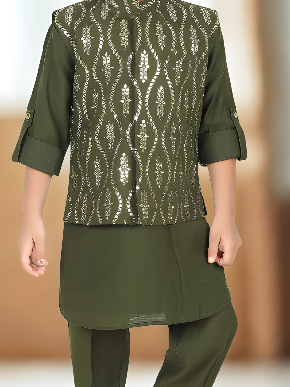 Boys' Olive Green Kurta Pajama Set with Gold Brocade Waistcoat