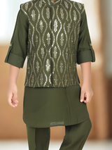 Boys' Olive Green Kurta Pajama Set with Gold Brocade Waistcoat