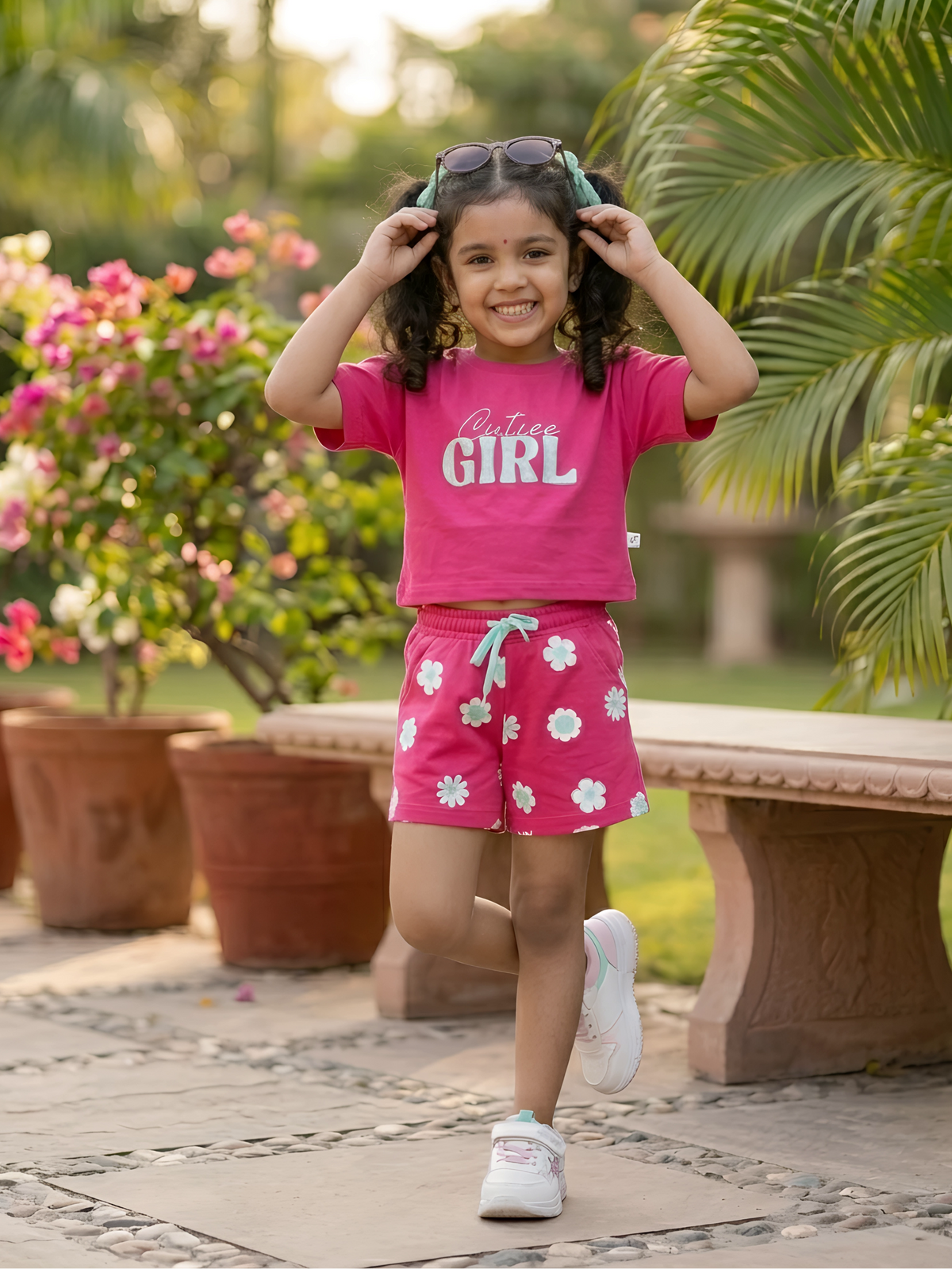 Girls Rani Pink Cotton Floral Print T-Shirt and Shorts Coordinate Set