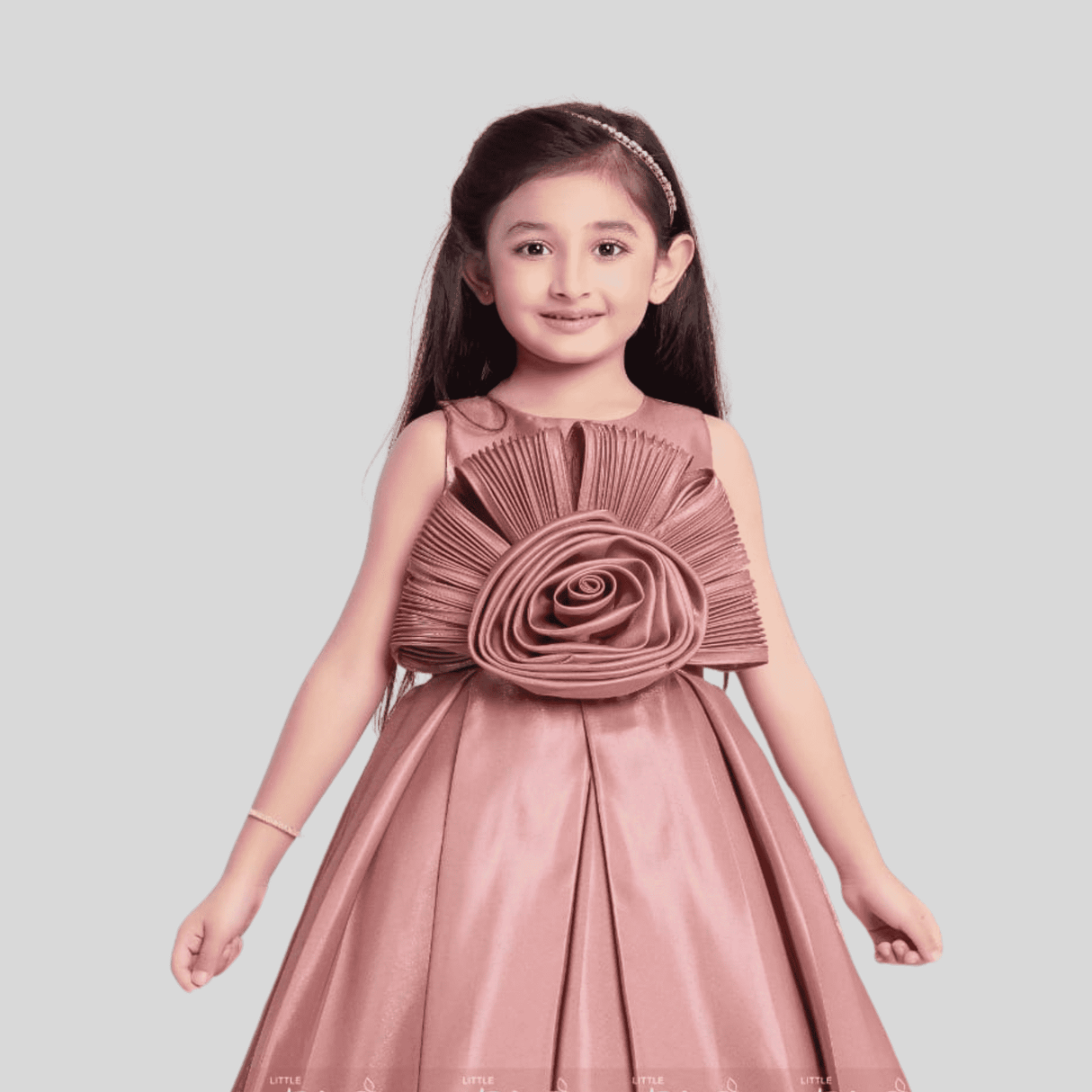 Girls Party Satin Western Gown With Work - Peach