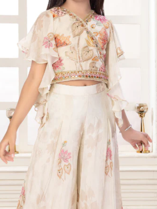 Girls' Chic Cream Embroidered Kurti & Wide-Leg Palazo Set (2-Piece)