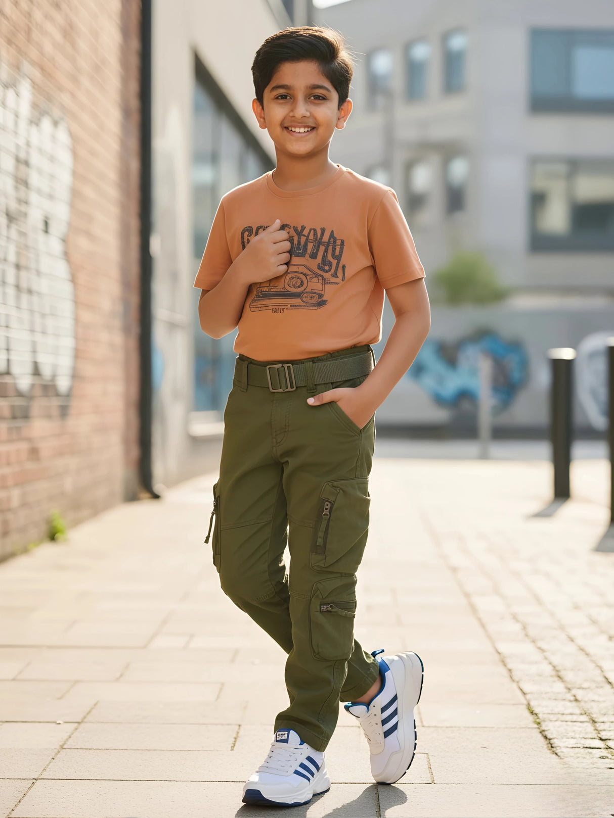 Boys' Olive Green Multi-Pocket Cargo Pants with Web Belt.