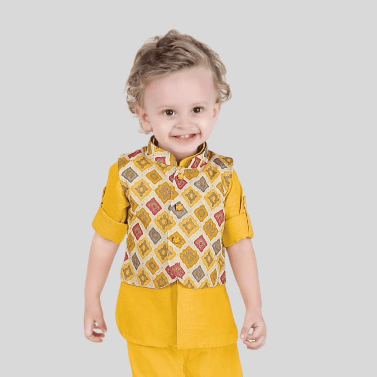 Boys Traditional Printed Chudidar Kurta with Koti - Yellow