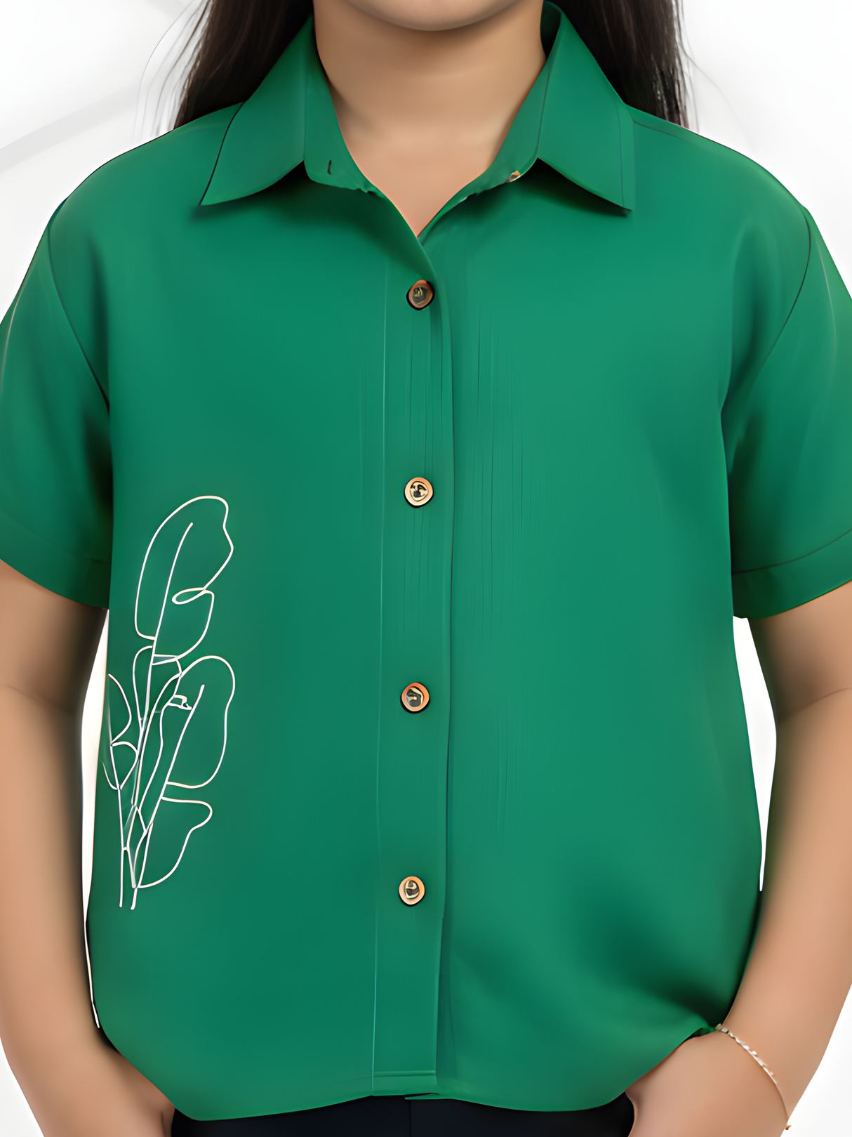Girls Emerald Green Short Sleeve Shirt with Leaf Embroidery