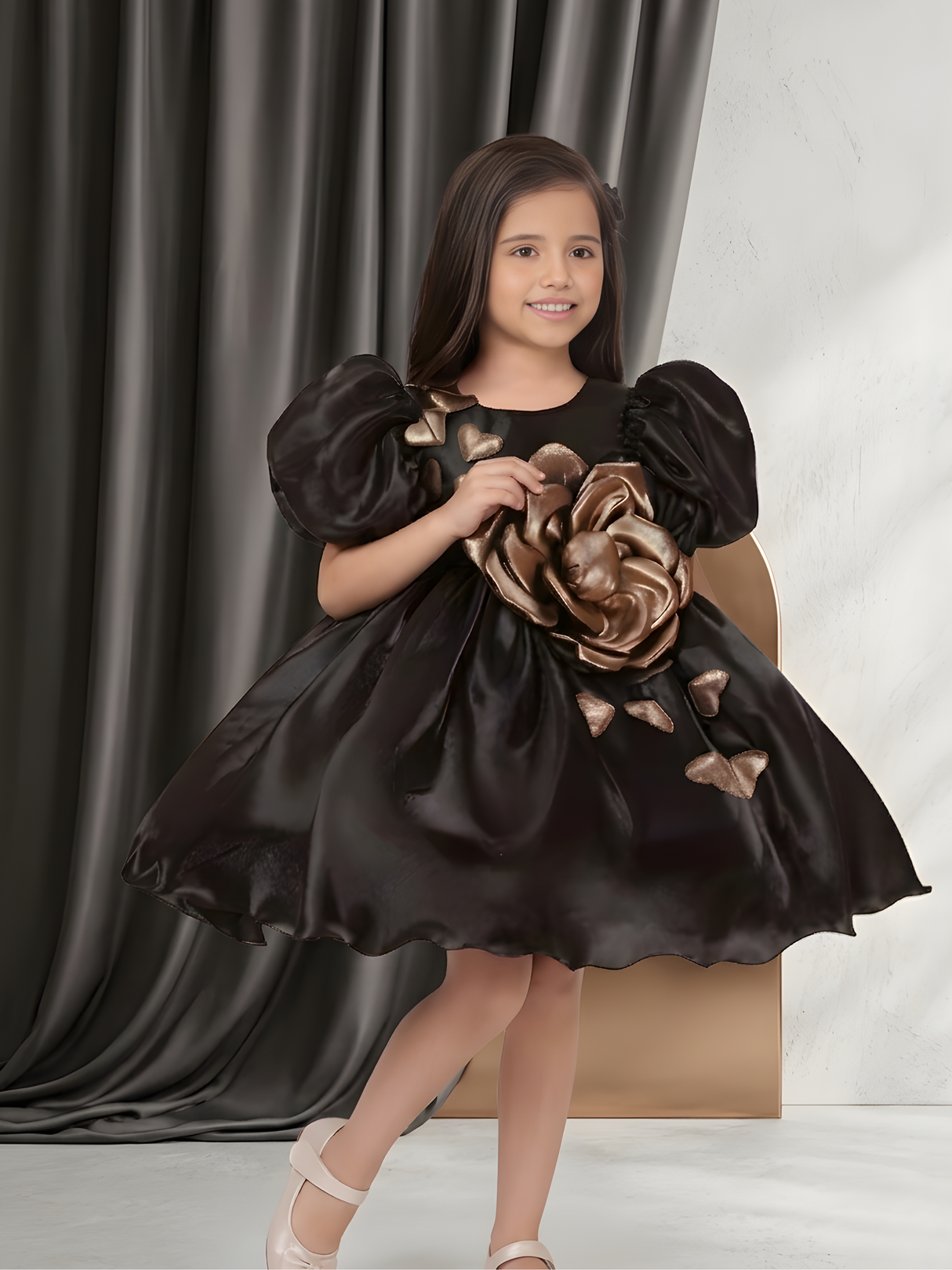Girls' Black Satin Party Frock with Metallic Gold 3D Rose and Puffy Sleeves