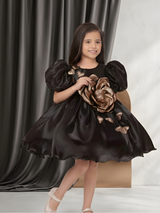 Girls' Black Satin Party Frock with Metallic Gold 3D Rose and Puffy Sleeves